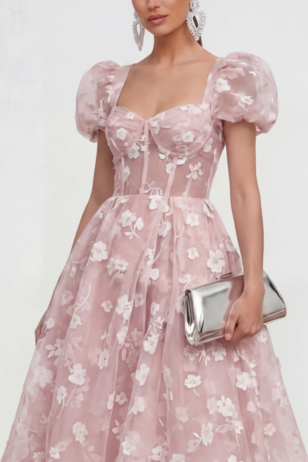 Pink Floral Puff Sleeves A Line Maxi Corset Wedding Guest Dress