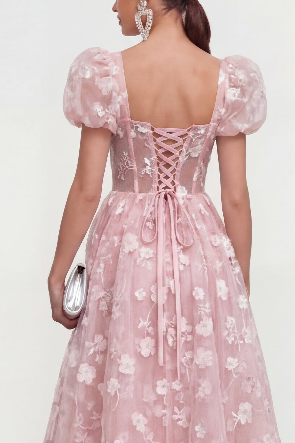 Pink Floral Puff Sleeves A Line Maxi Corset Wedding Guest Dress