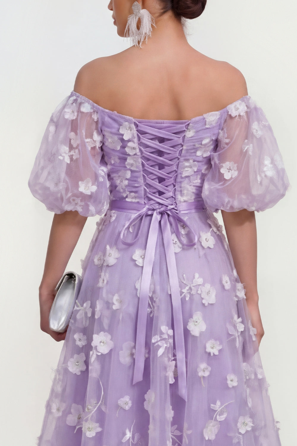 White A Line Puff Sleeves Floral Ruched Maxi Wedding Guest Dress