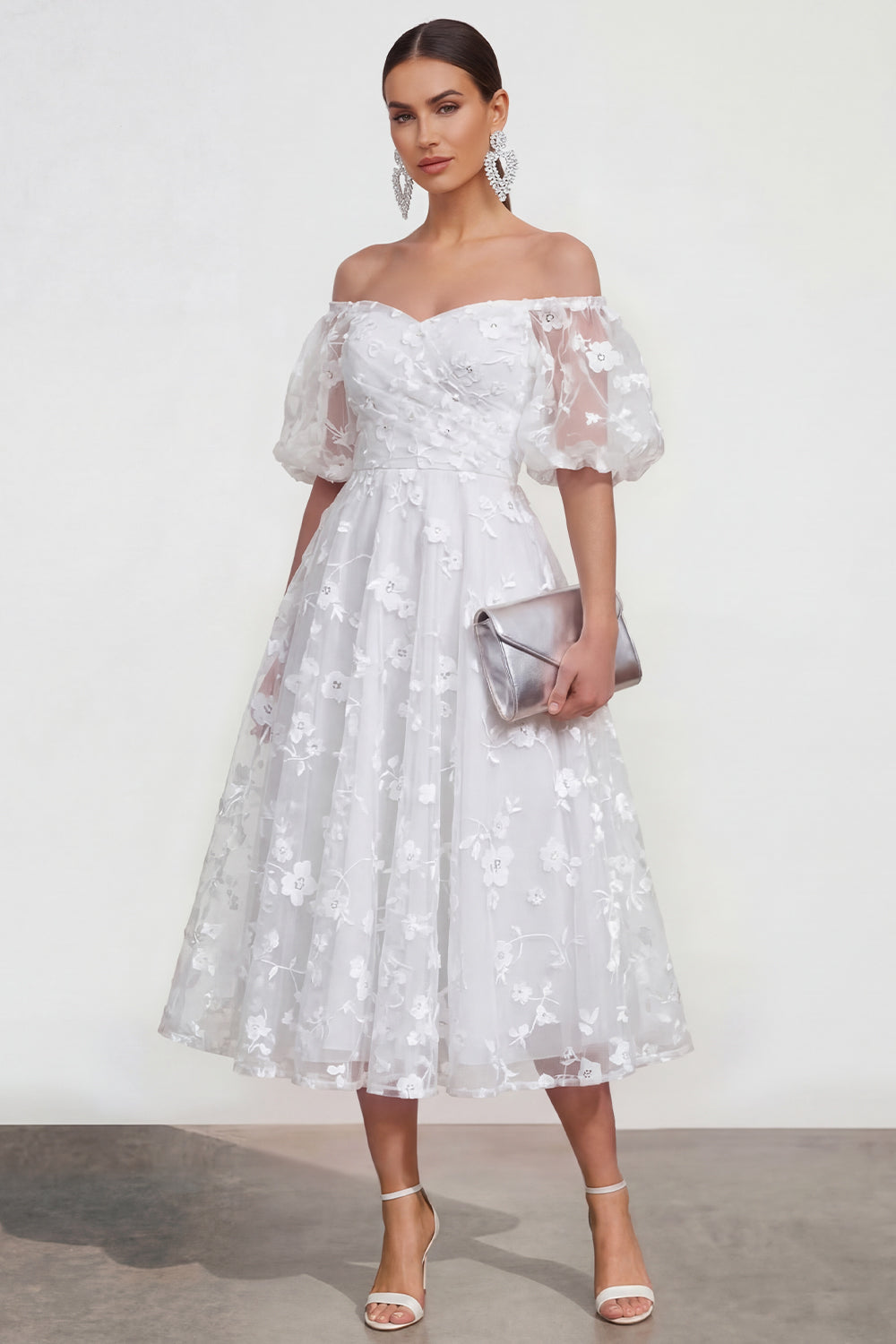 White A Line Puff Sleeves Floral Ruched Maxi Wedding Guest Dress