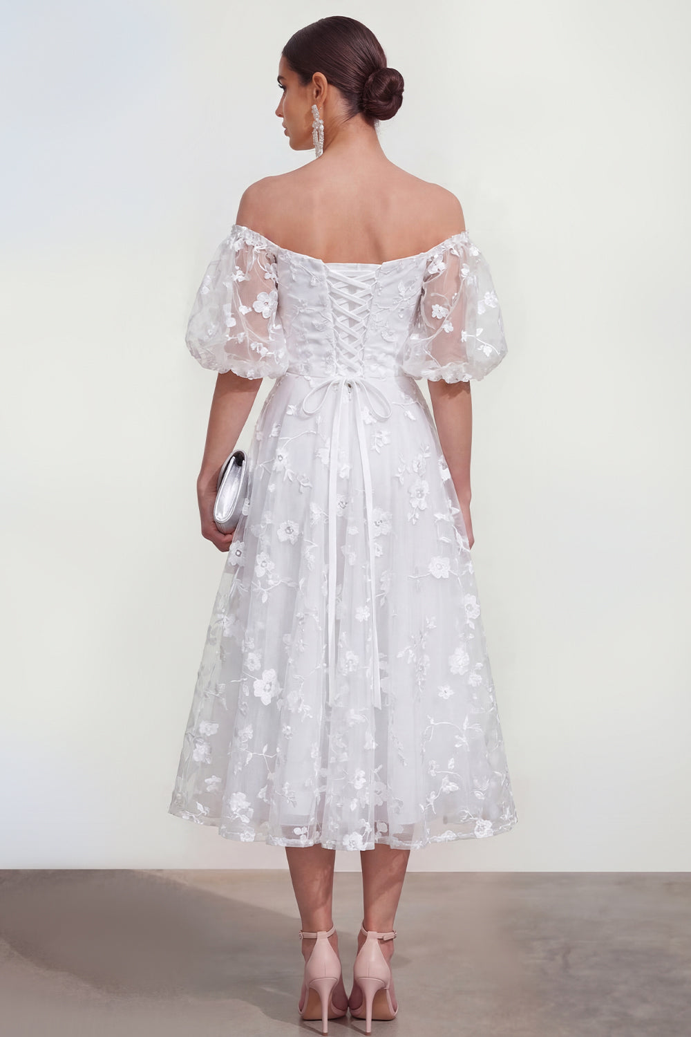 White A Line Puff Sleeves Floral Ruched Maxi Wedding Guest Dress