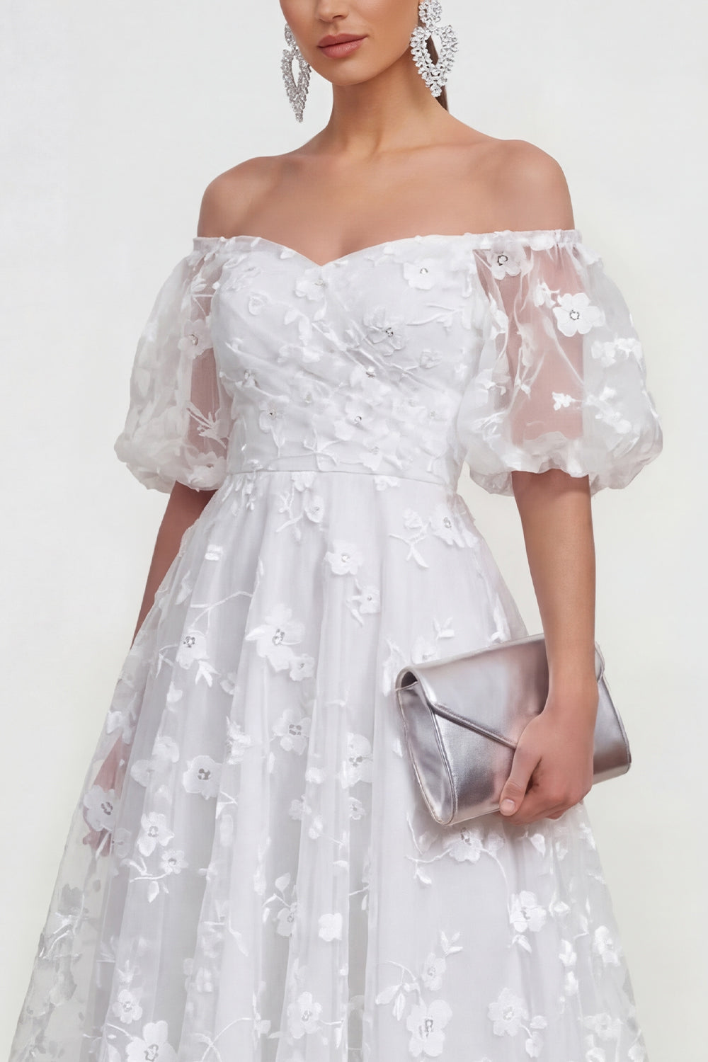 White A Line Puff Sleeves Floral Ruched Maxi Wedding Guest Dress