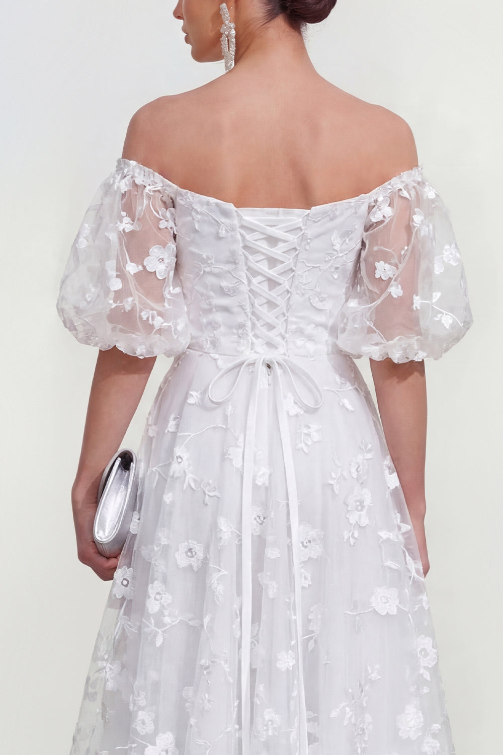 White A Line Puff Sleeves Floral Ruched Maxi Wedding Guest Dress