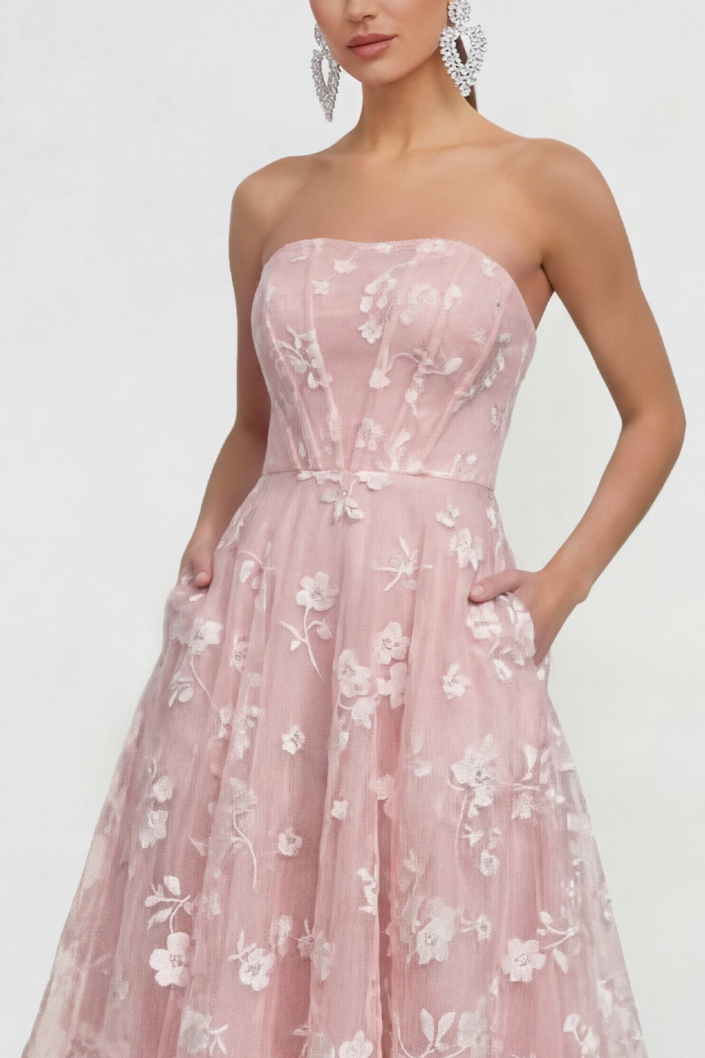 Pink A Line Strapless Corset Floral Maxi Wedding Guest Dress