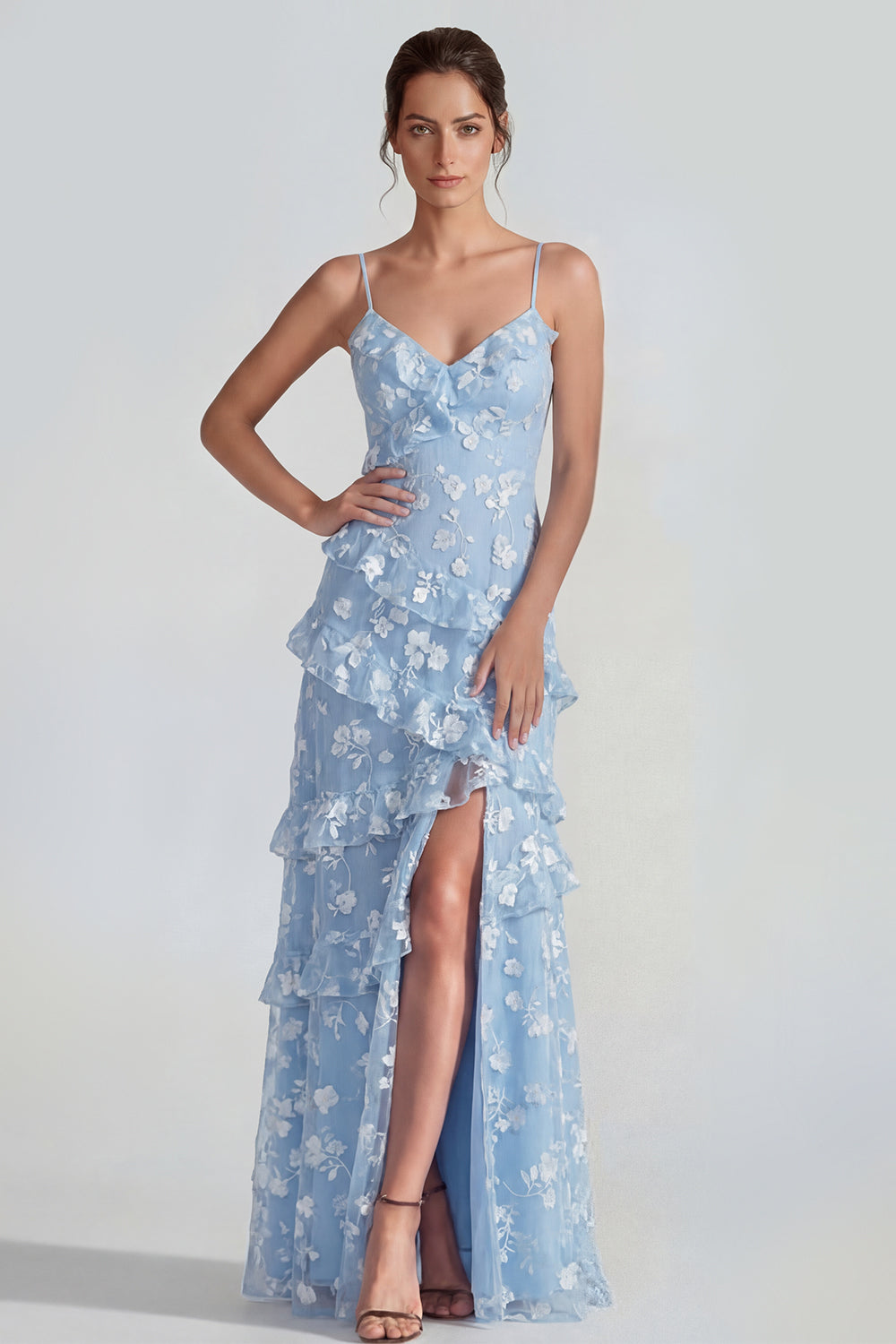 Blue Spaghetti Straps Floral A Line Maxi Wedding Guest Dress with Ruffles