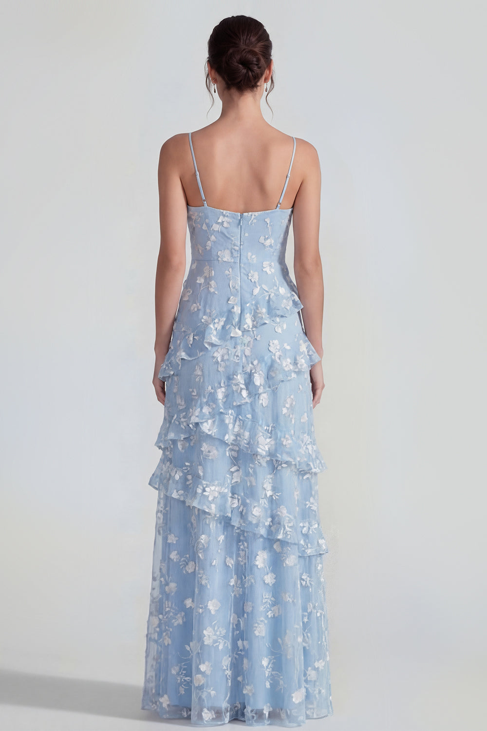 Blue Spaghetti Straps Floral A Line Maxi Wedding Guest Dress with Ruffles