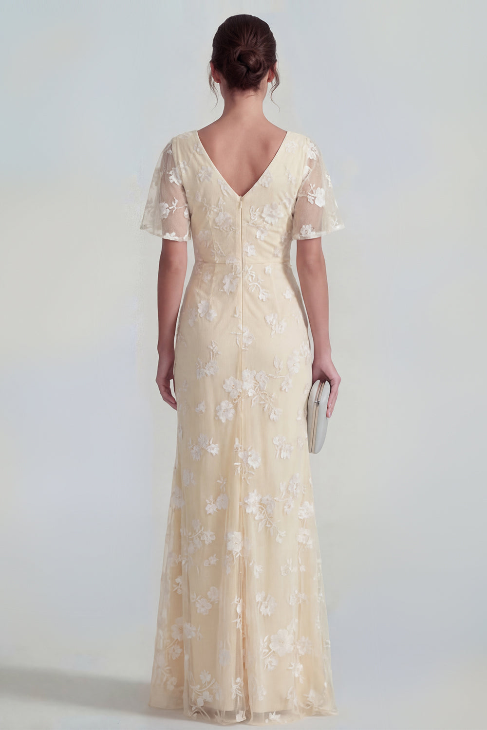 Blue Floral Flutter Sleeves Ruched Sheath Maxi Wedding Guest Dress with Slit