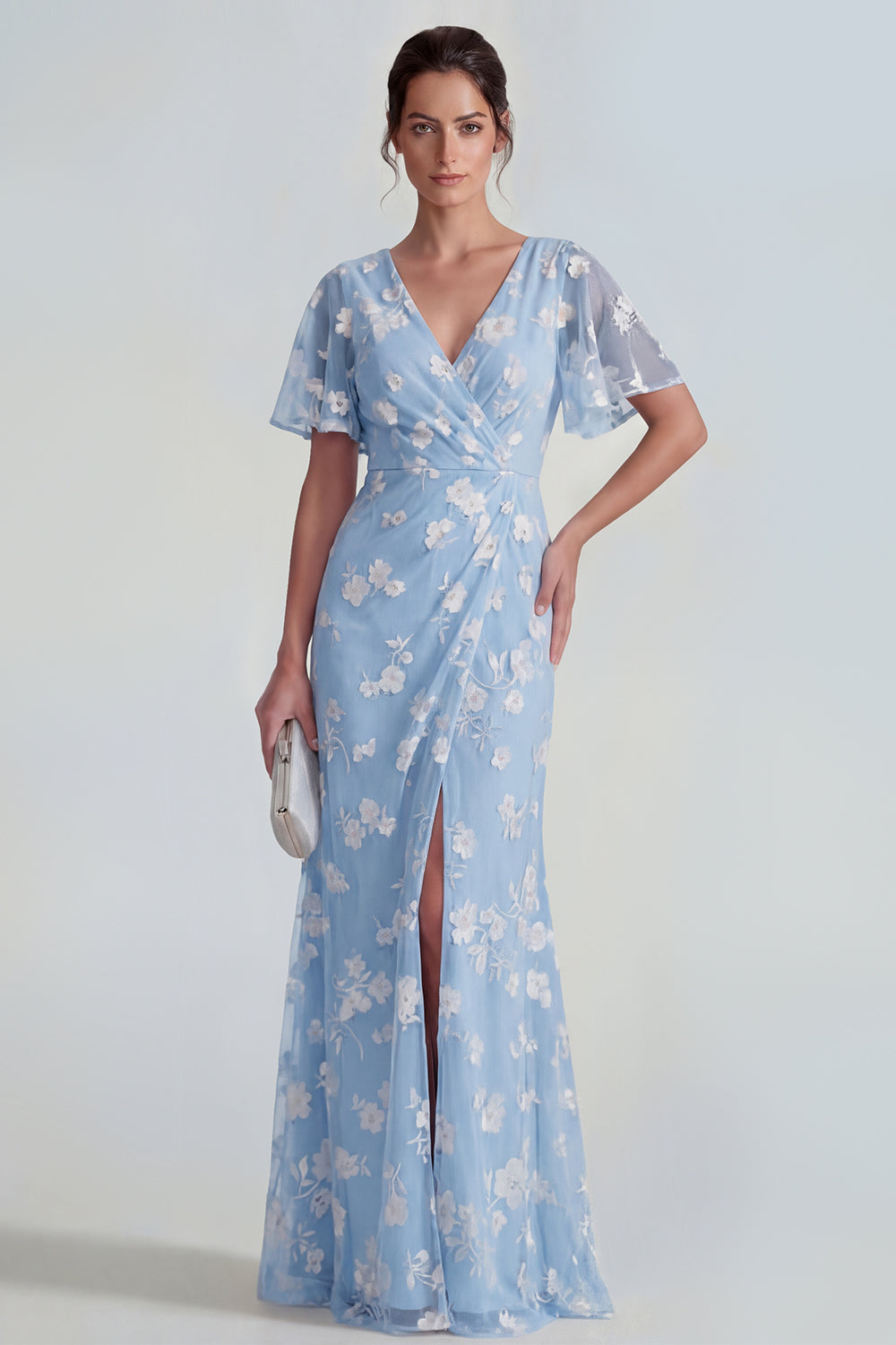 Blue Floral Flutter Sleeves Ruched Sheath Maxi Wedding Guest Dress with Slit