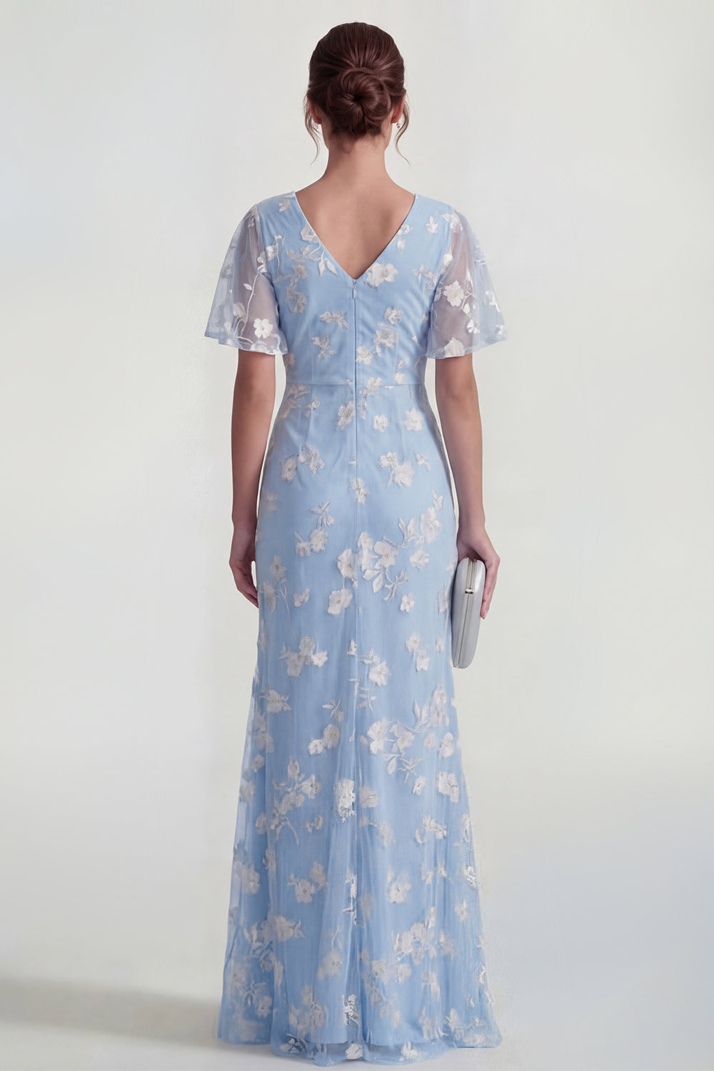 Blue Floral Flutter Sleeves Ruched Sheath Maxi Wedding Guest Dress with Slit