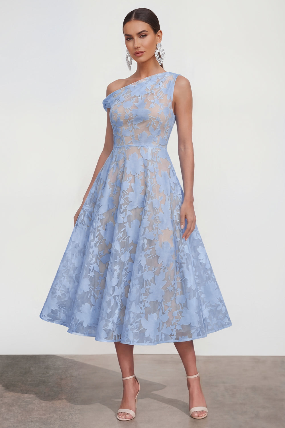 Blue Floral One Shoulder A Line Maxi Wedding Guest Dress