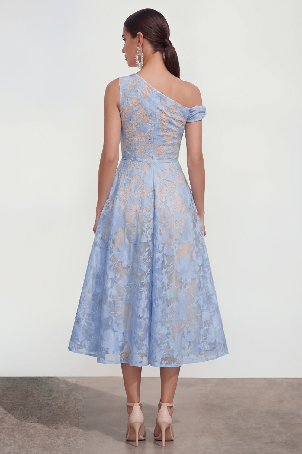 Blue Floral One Shoulder A Line Maxi Wedding Guest Dress