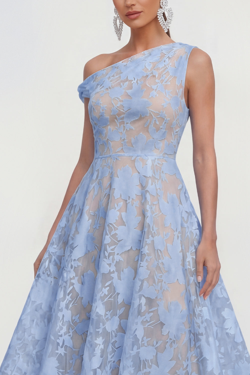Blue Floral One Shoulder A Line Maxi Wedding Guest Dress