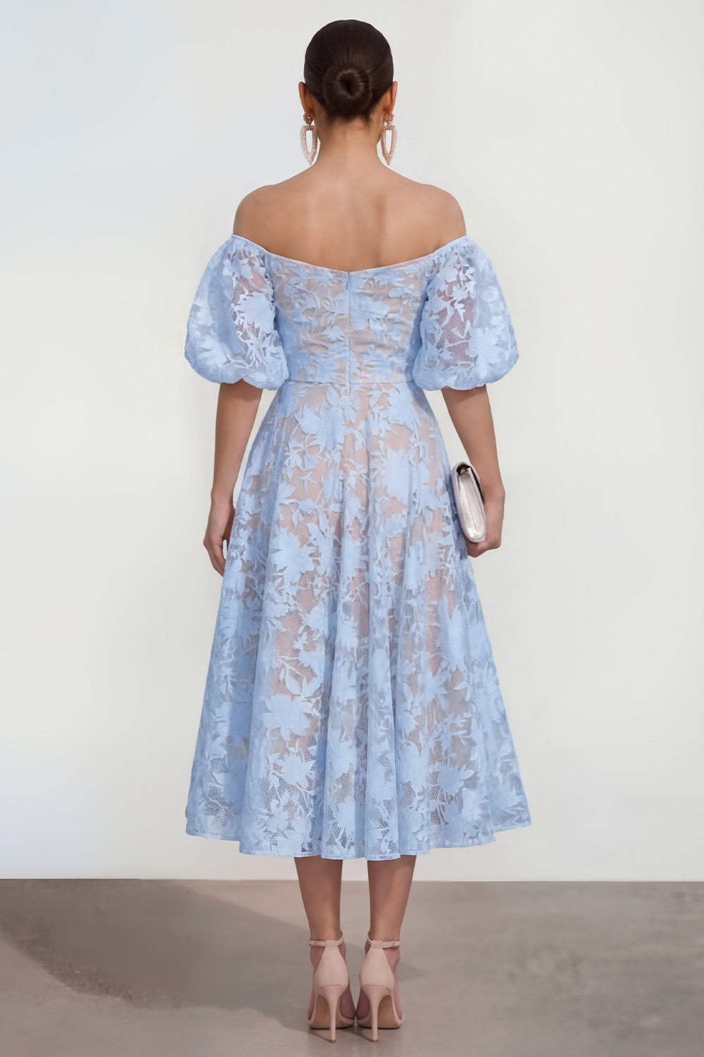 Pink Floral Puff Sleeves A Line Ruched Maxi Wedding Guest Dress