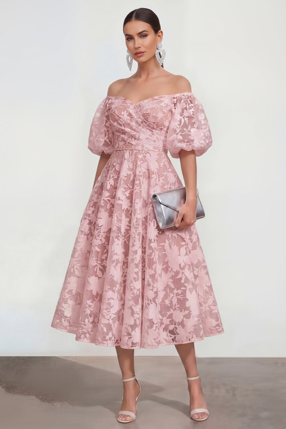 Pink Floral Puff Sleeves A Line Ruched Maxi Wedding Guest Dress