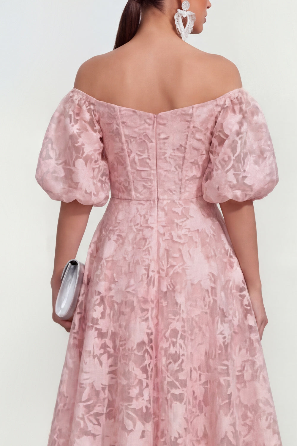 Pink Floral Puff Sleeves A Line Ruched Maxi Wedding Guest Dress