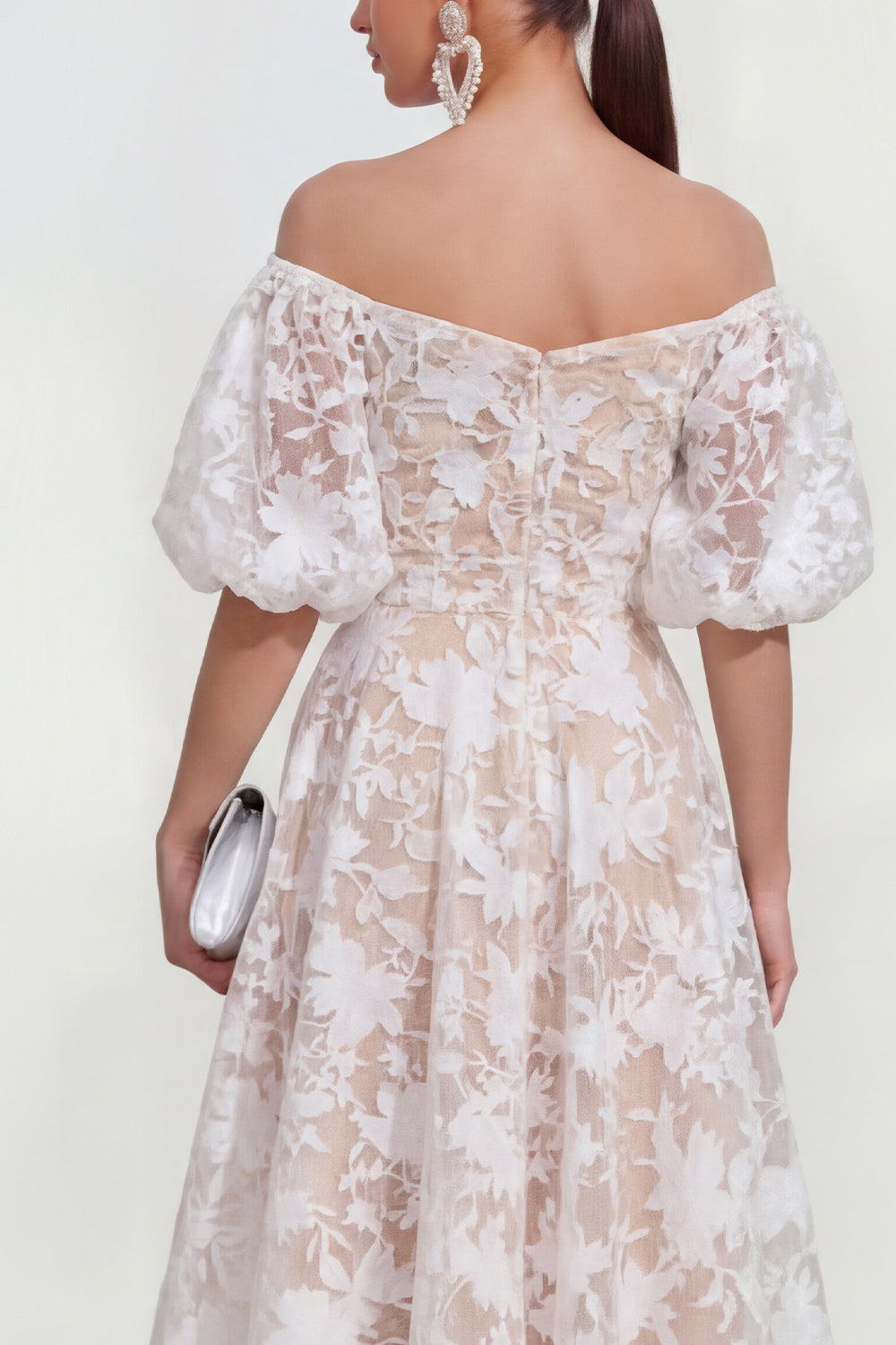 Pink Floral Puff Sleeves A Line Ruched Maxi Wedding Guest Dress