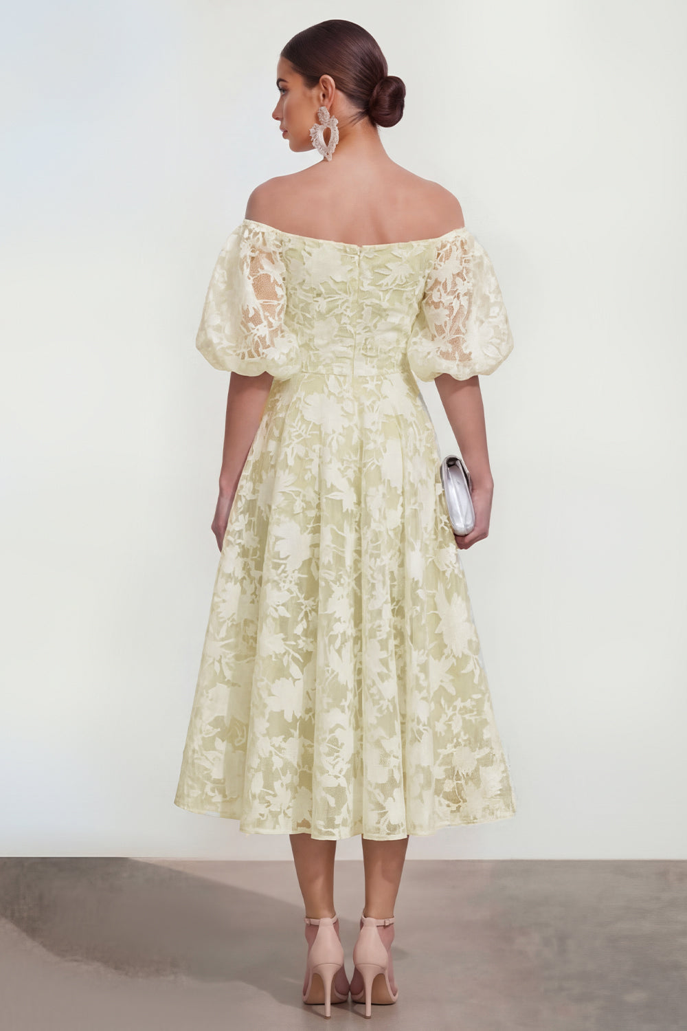 Pink Floral Puff Sleeves A Line Ruched Maxi Wedding Guest Dress