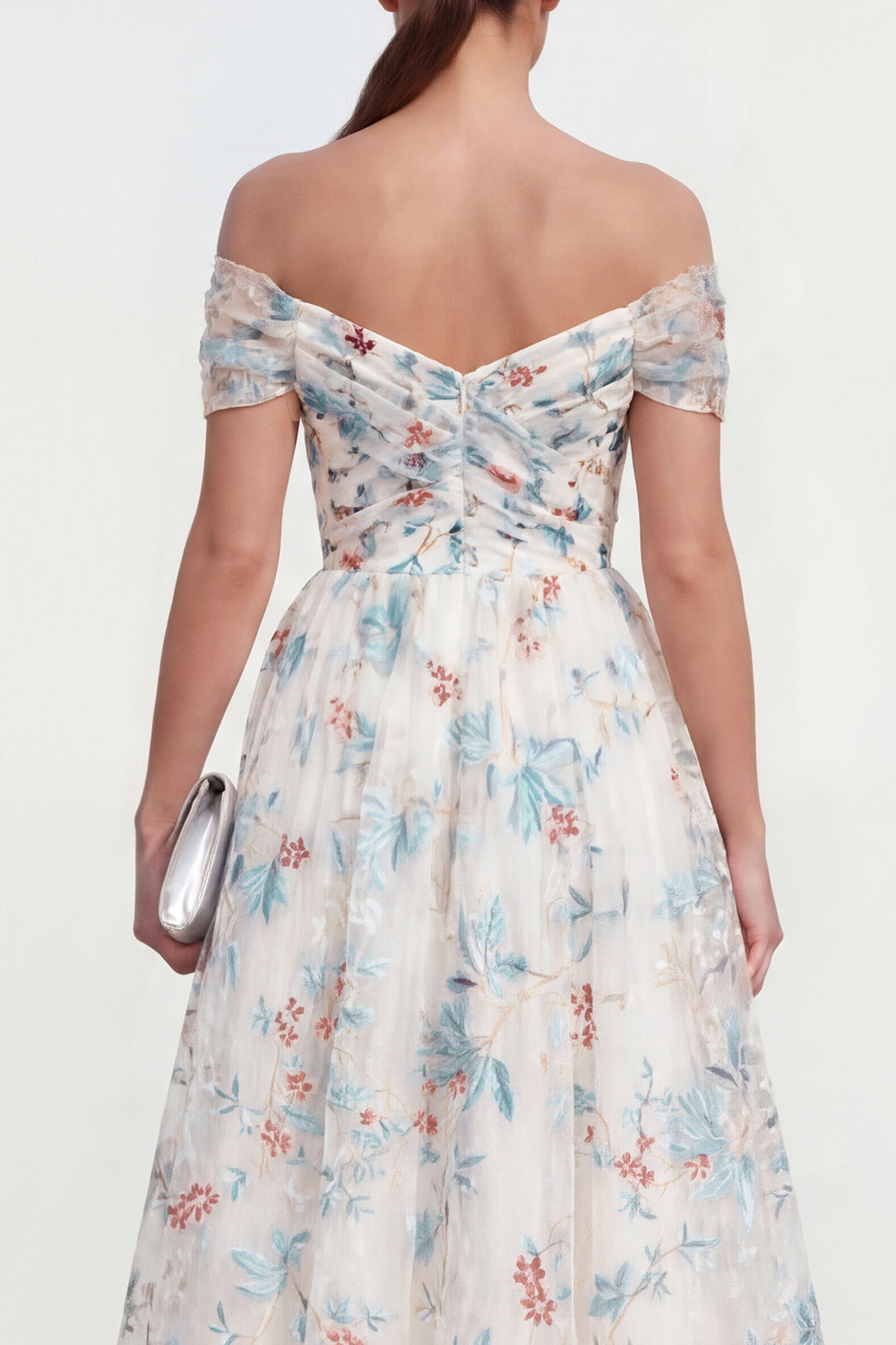 White Blue Flower Ruched Off the Shoulder A Line Maxi Wedding Guest Dress