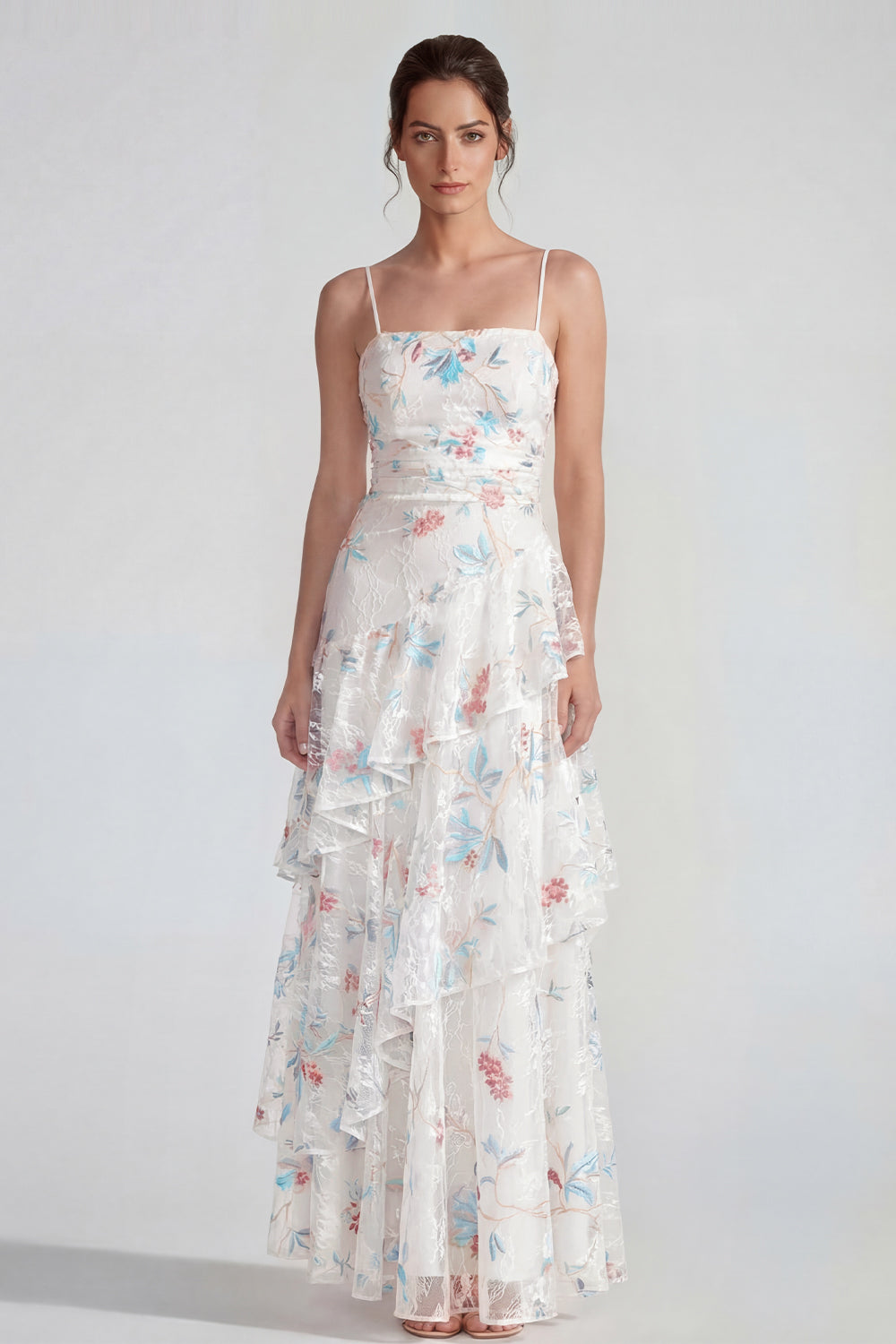 White Blue Flower A Line Spaghetti Straps Maxi Wedding Guest Dress with Ruffles