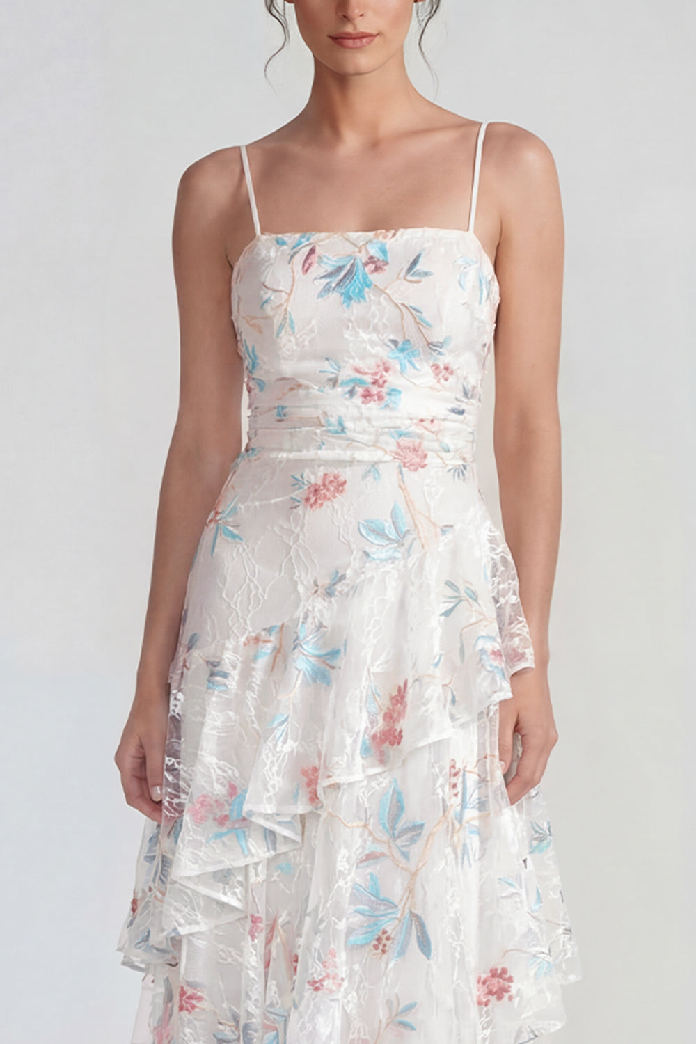 White Blue Flower A Line Spaghetti Straps Maxi Wedding Guest Dress with Ruffles