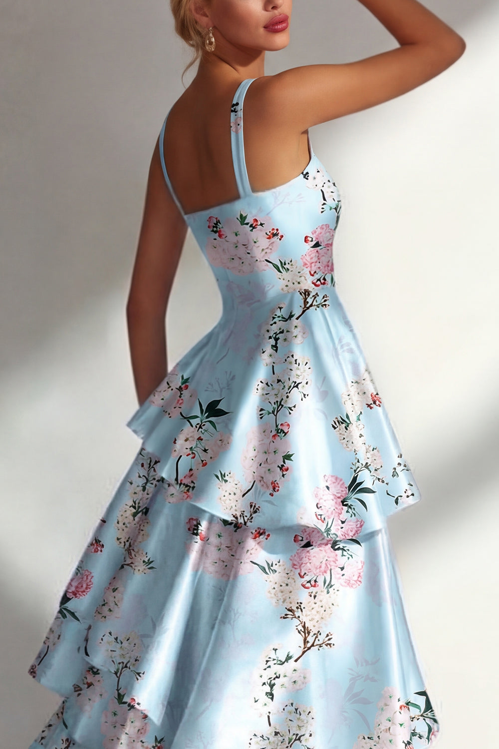 Pink A Line Floral Square Neck Long Wedding Guest Dress with Ruffles