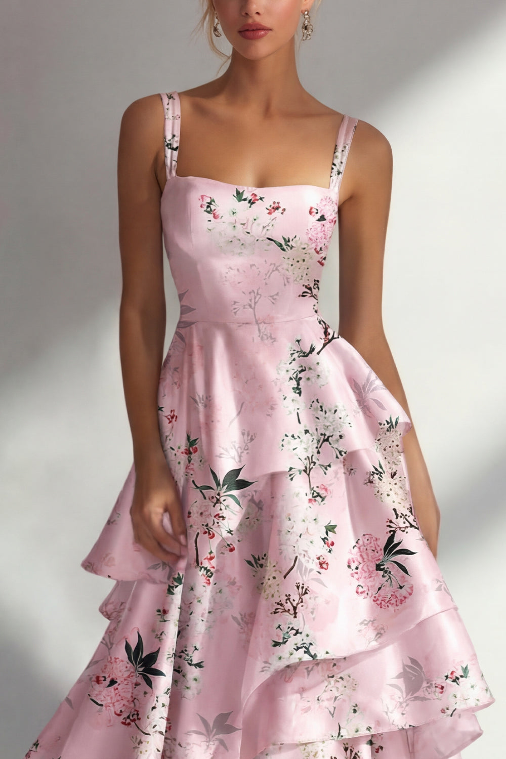 Pink A Line Floral Square Neck Long Wedding Guest Dress with Ruffles