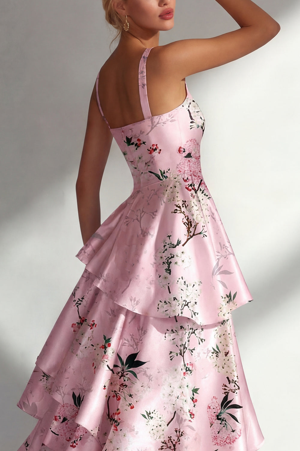 Pink A Line Floral Square Neck Long Wedding Guest Dress with Ruffles