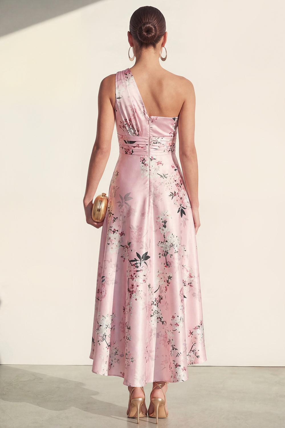 Pink Ruched One Shoulder High Low A Line Floral Wedding Guest Dress