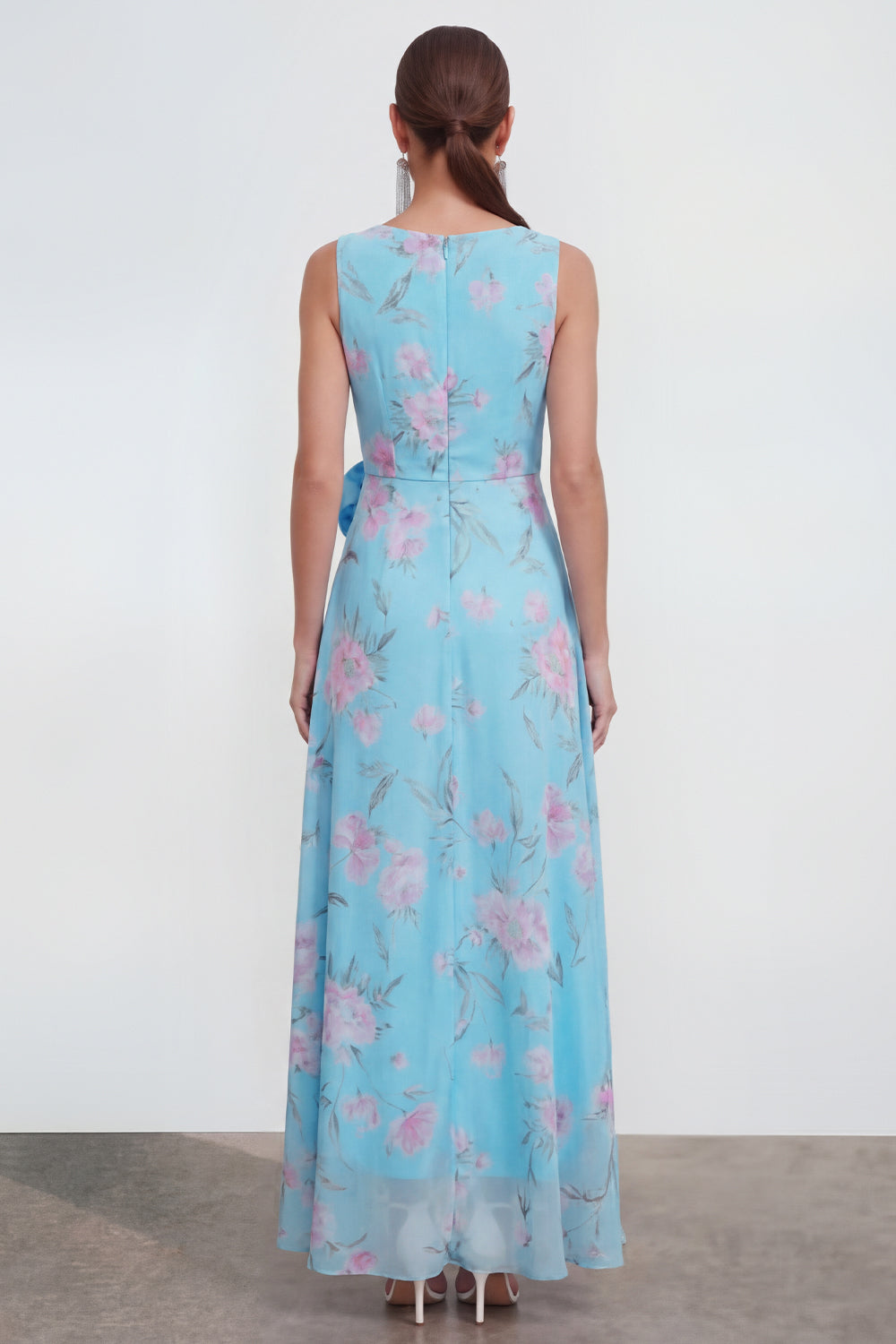 Green Purple Flower Maxi Sheath Beach Wedding Guest Dress with Ruffles