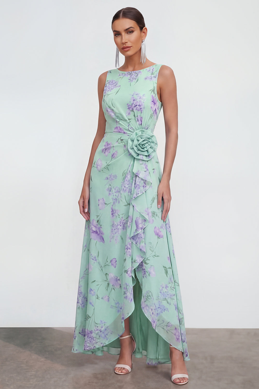 Green Purple Flower Maxi Sheath Beach Wedding Guest Dress with Ruffles