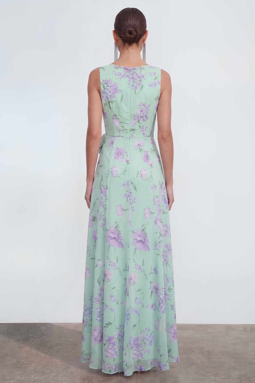 Green Purple Flower Maxi Sheath Beach Wedding Guest Dress with Ruffles