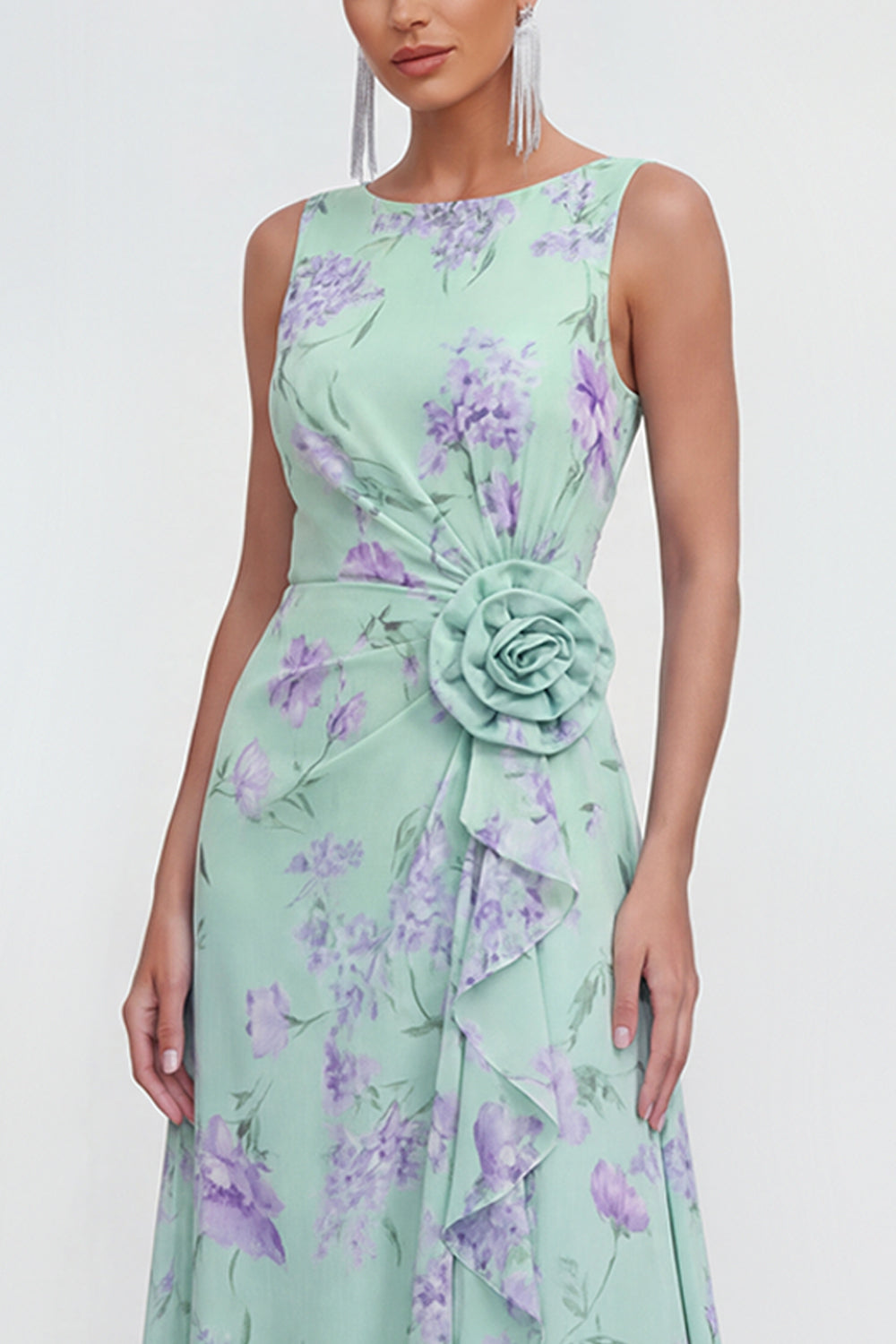 Green Purple Flower Maxi Sheath Beach Wedding Guest Dress with Ruffles