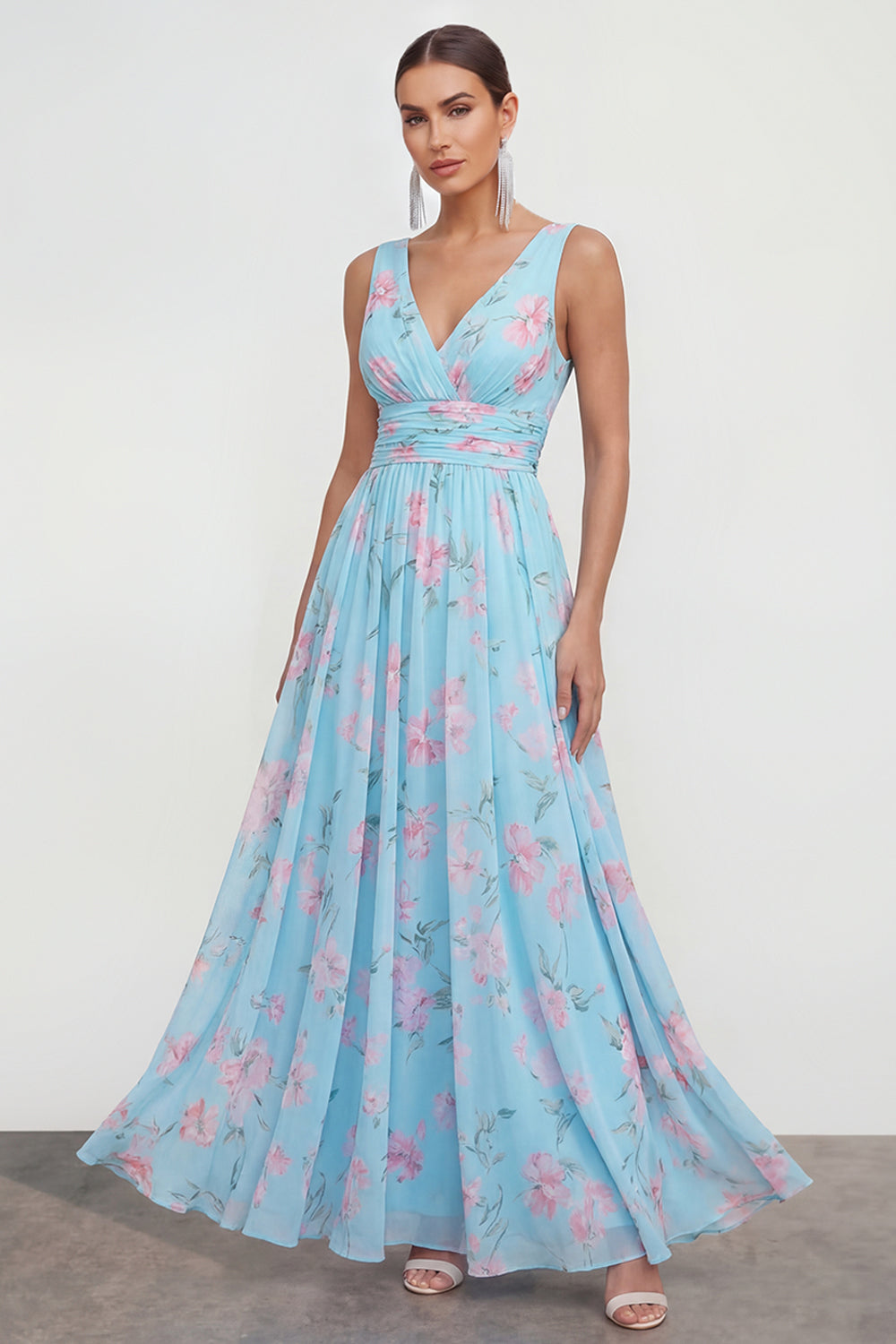 Blue Pink Flower A Line Ruched Maxi Beach Wedding Guest Dress