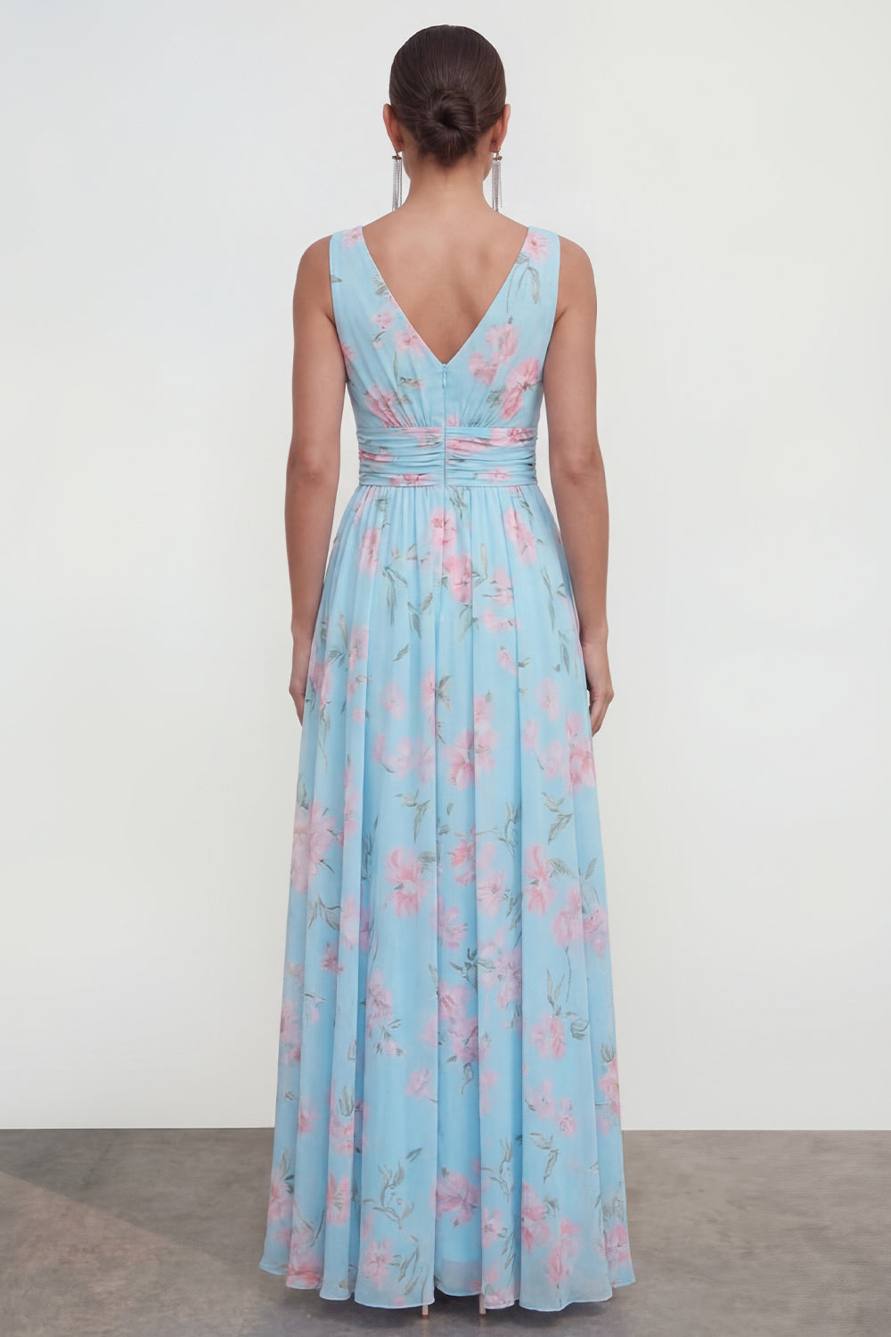 Blue Pink Flower A Line Ruched Maxi Beach Wedding Guest Dress