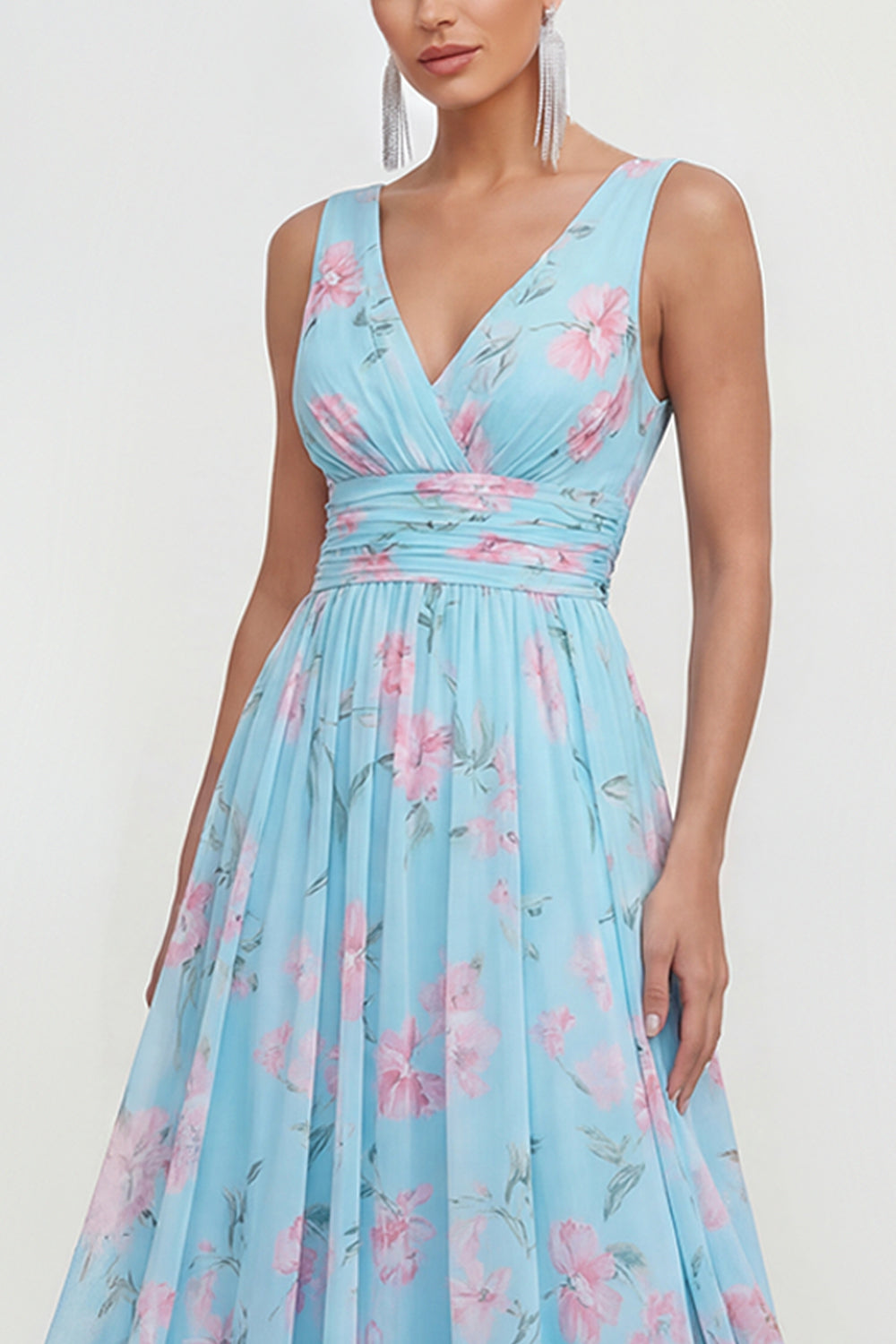 Blue Pink Flower A Line Ruched Maxi Beach Wedding Guest Dress