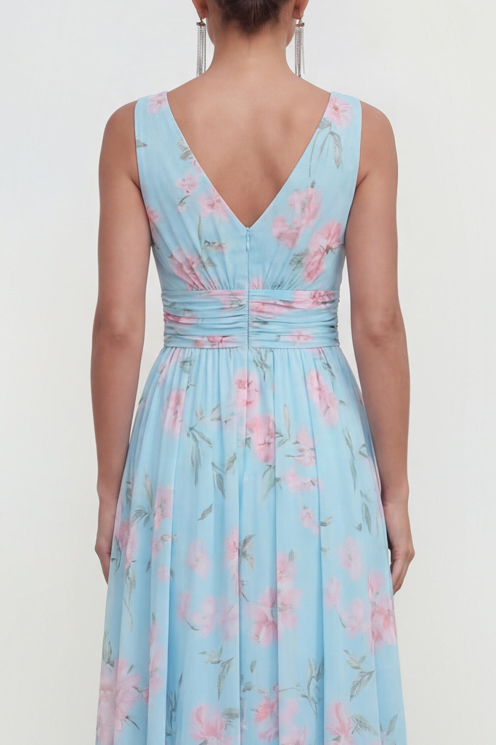 Blue Pink Flower A Line Ruched Maxi Beach Wedding Guest Dress