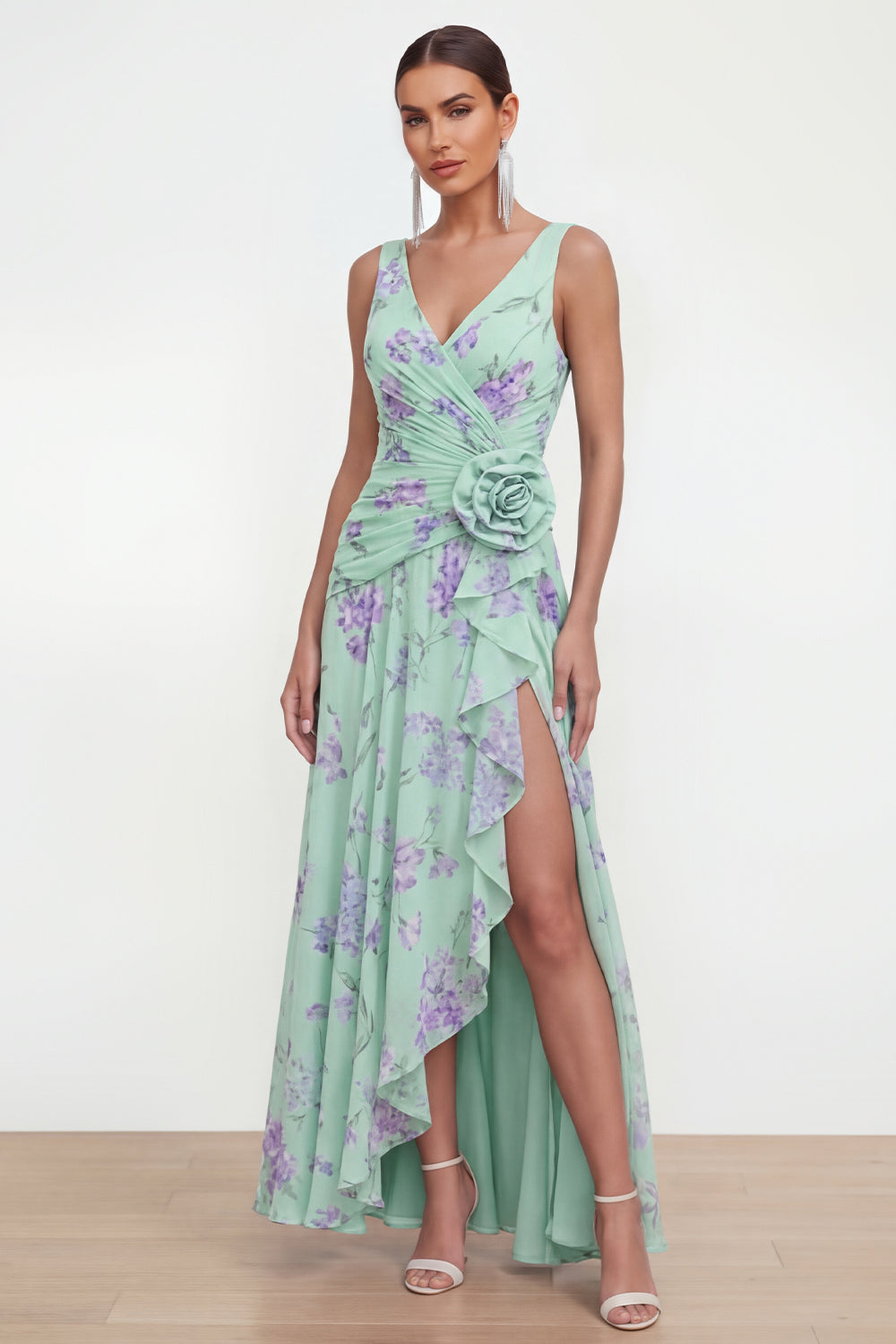 Green Purple Flower Ruffled Maxi Beach Wedding Guest Dress with Slit