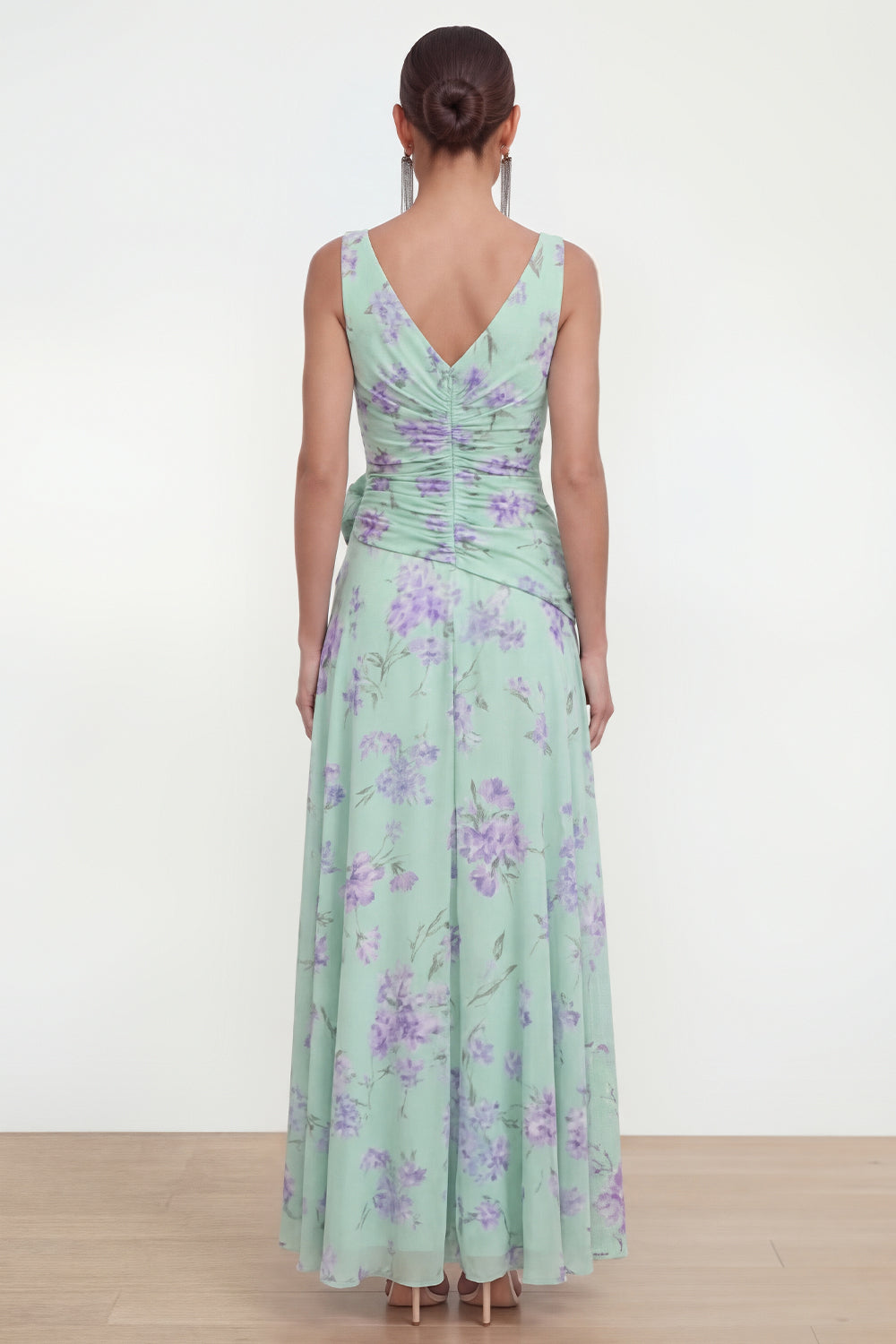 Green Purple Flower Ruffled Maxi Beach Wedding Guest Dress with Slit