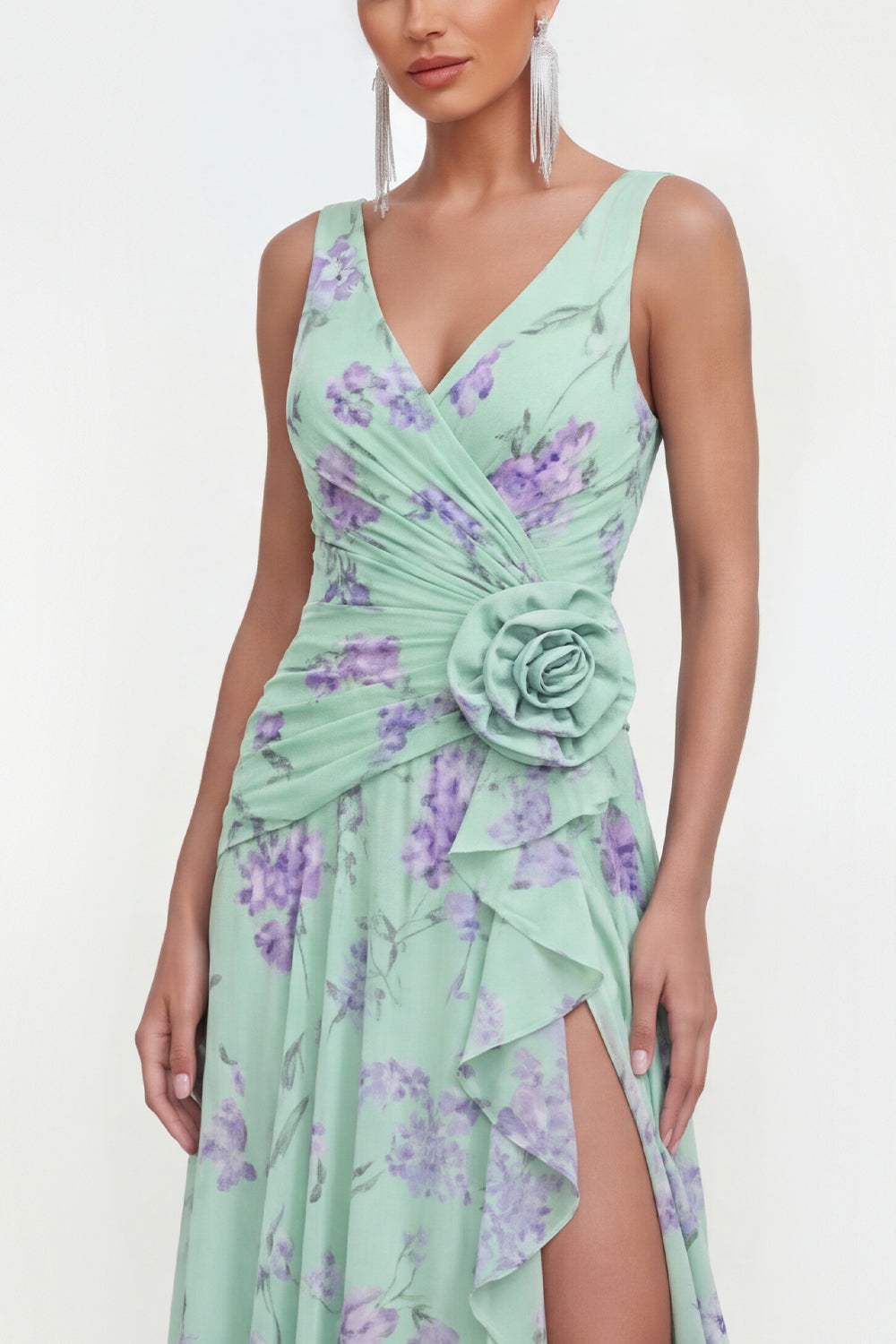 Green Purple Flower Ruffled Maxi Beach Wedding Guest Dress with Slit