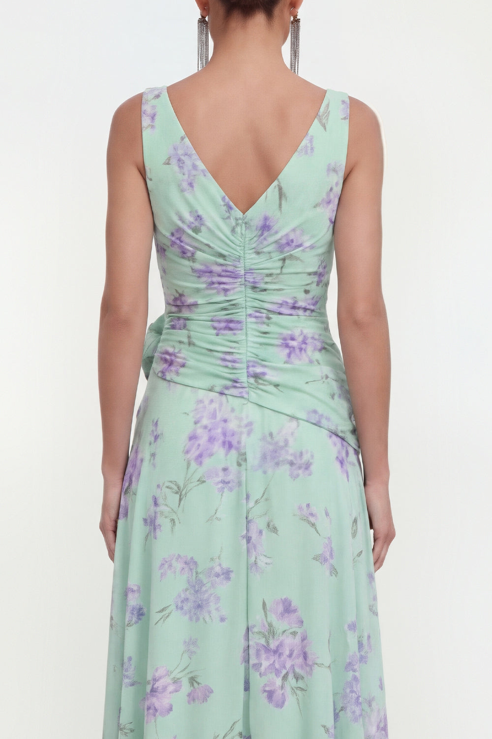 Green Purple Flower Ruffled Maxi Beach Wedding Guest Dress with Slit