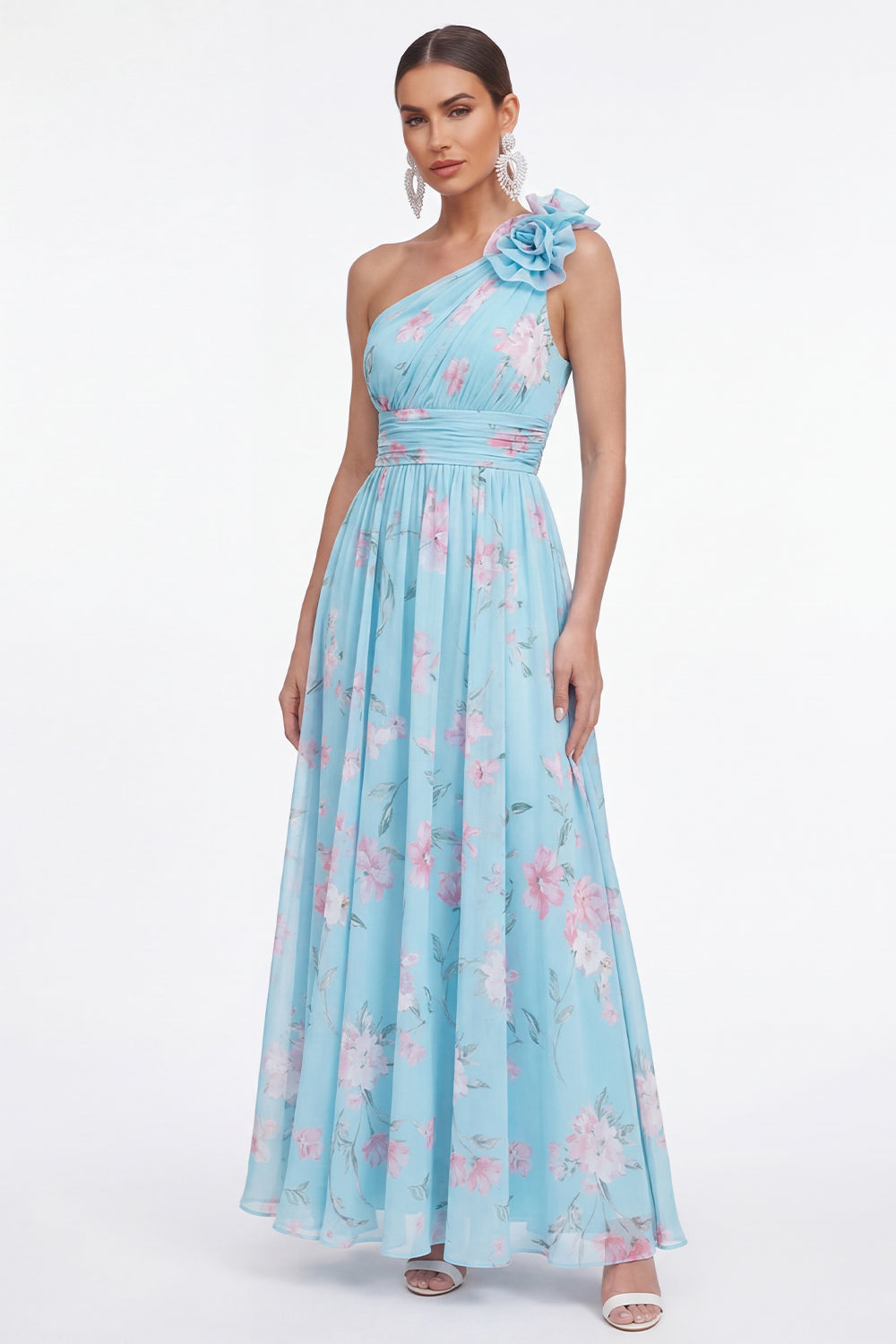 Maxi Blue Pink Flower Ruched A Line Beach Wedding Guest Dress