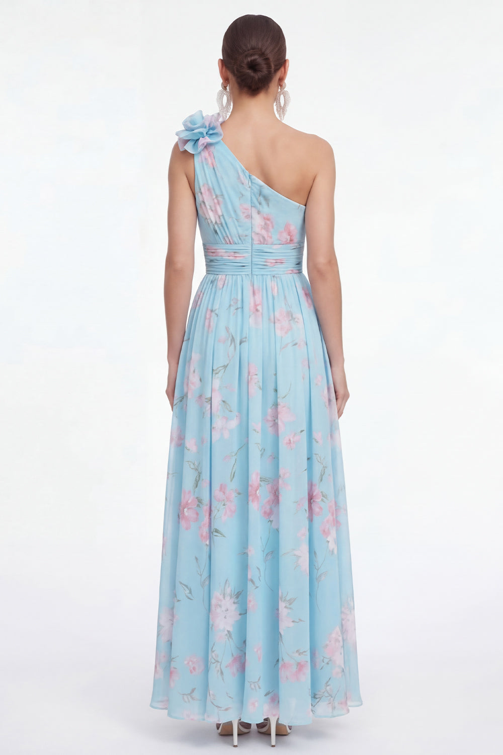 Maxi Blue Pink Flower Ruched A Line Beach Wedding Guest Dress