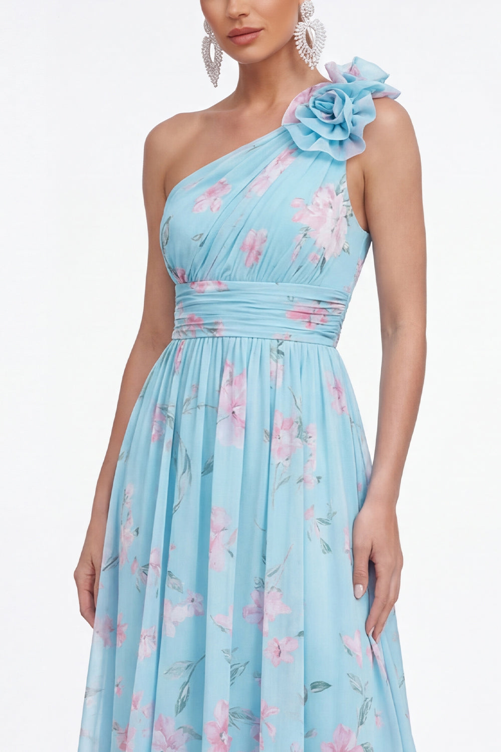 Maxi Blue Pink Flower Ruched A Line Beach Wedding Guest Dress