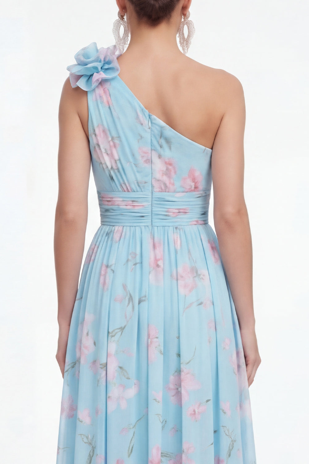 Maxi Blue Pink Flower Ruched A Line Beach Wedding Guest Dress