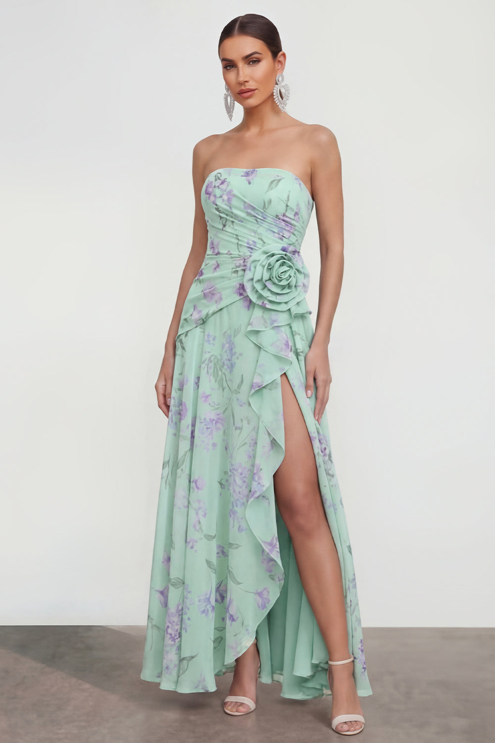 Strapless Green Purple Flower Maxi A Line Beach Wedding Guest Dress with Ruffles