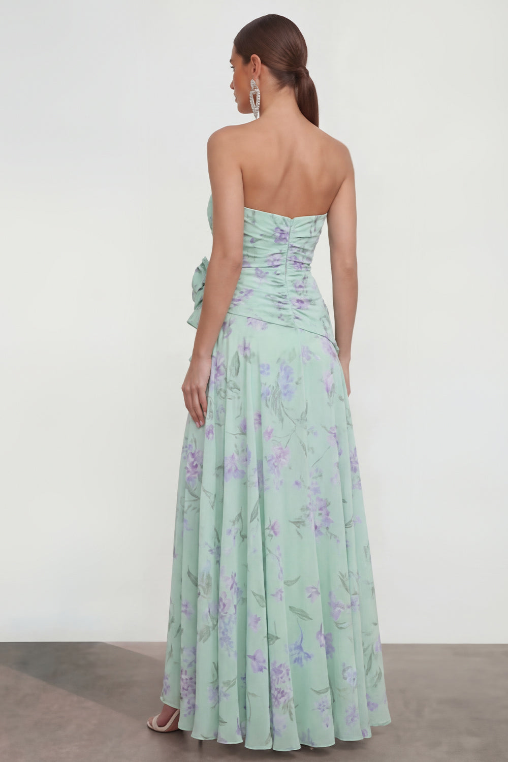 Strapless Green Purple Flower Maxi A Line Beach Wedding Guest Dress with Ruffles