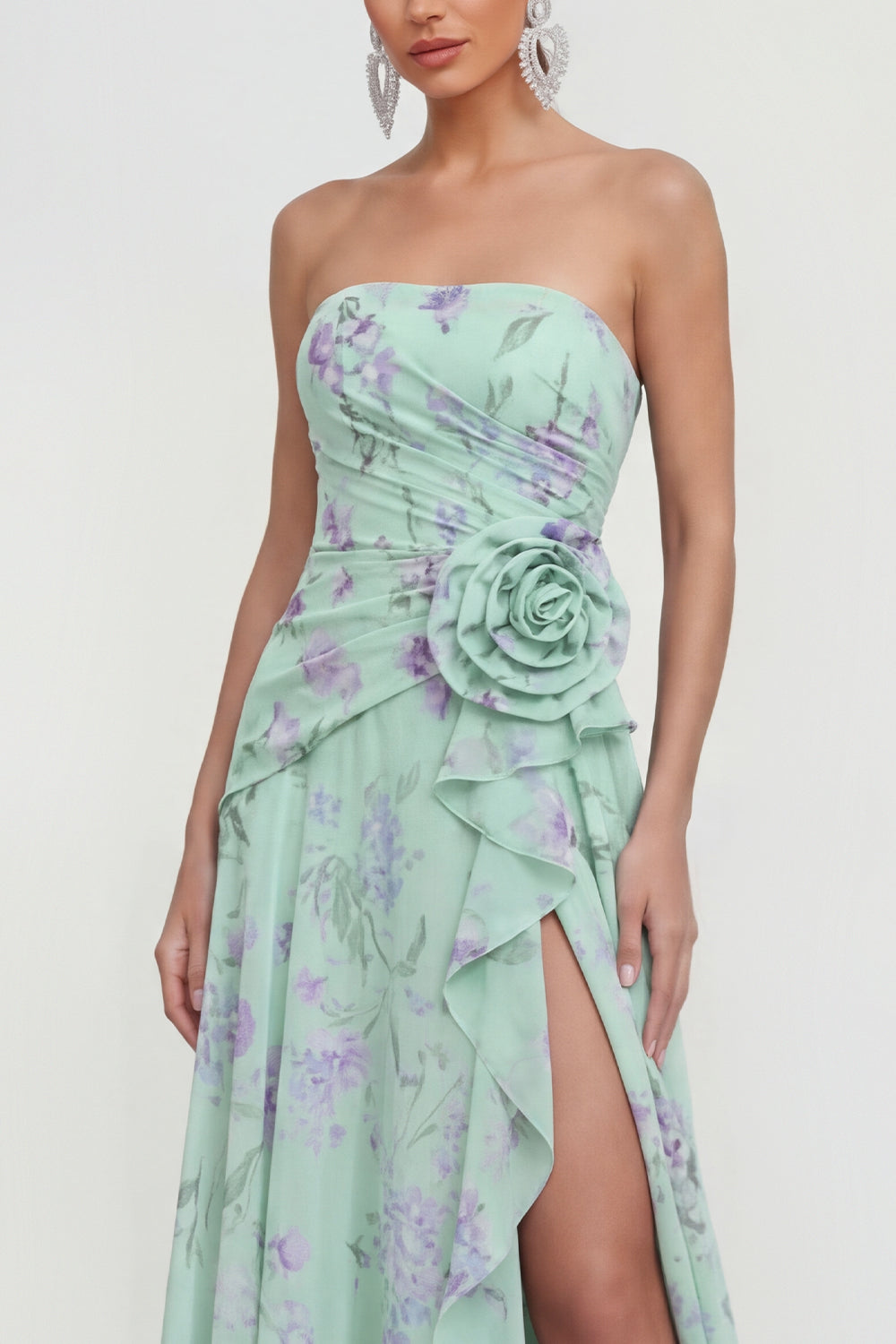 Strapless Green Purple Flower Maxi A Line Beach Wedding Guest Dress with Ruffles