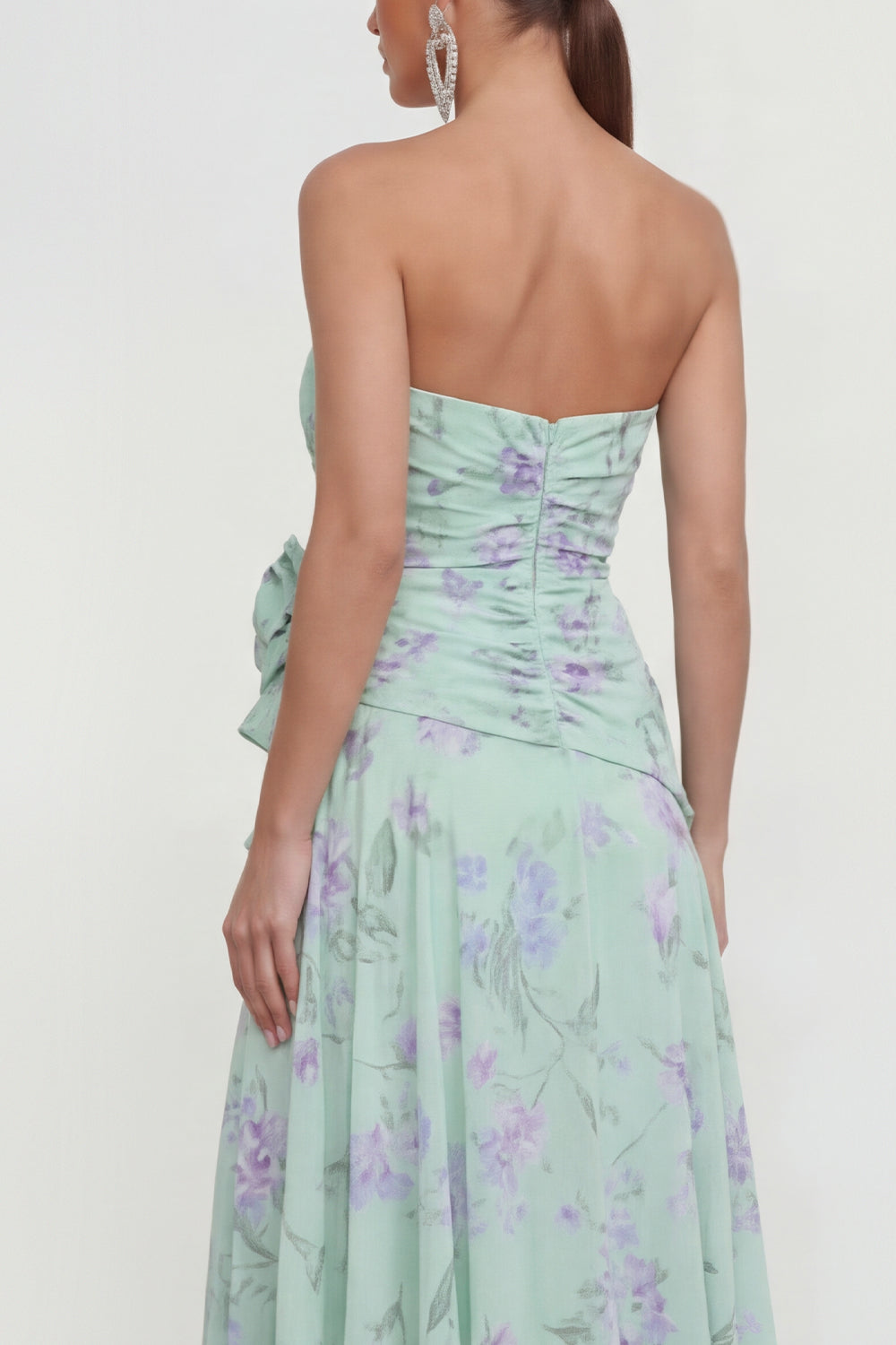 Strapless Green Purple Flower Maxi A Line Beach Wedding Guest Dress with Ruffles