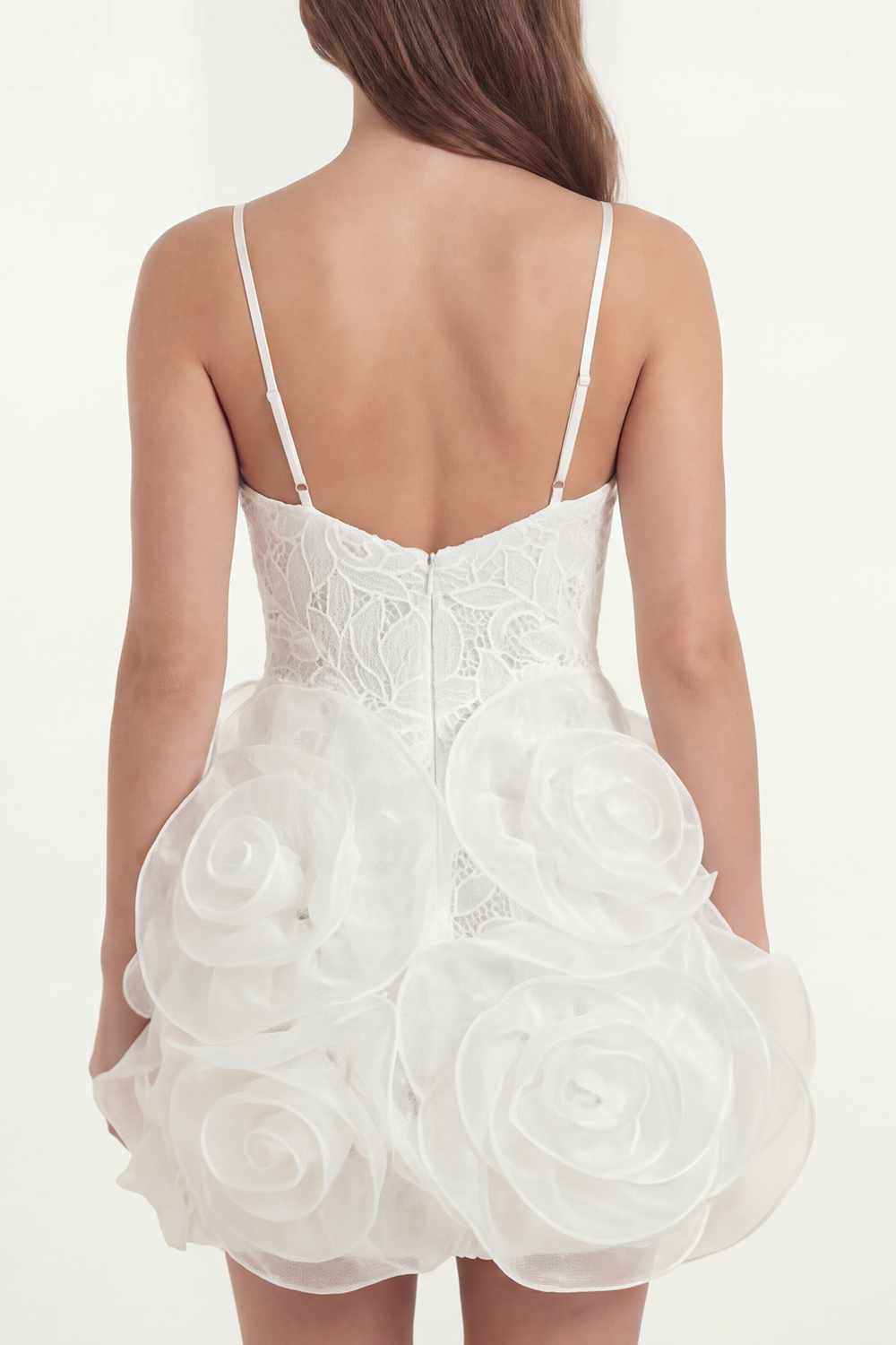 White Lace Spaghetti Straps A Line Short Bridal Shower Dress with 3D Flower