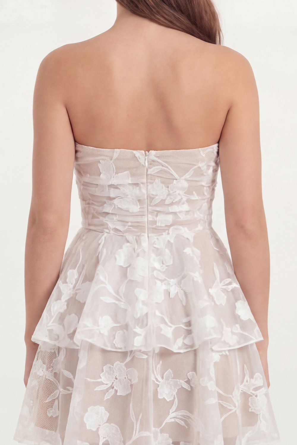 White Floral Lace Strapless Short Bachelorette Dress with Ruffles
